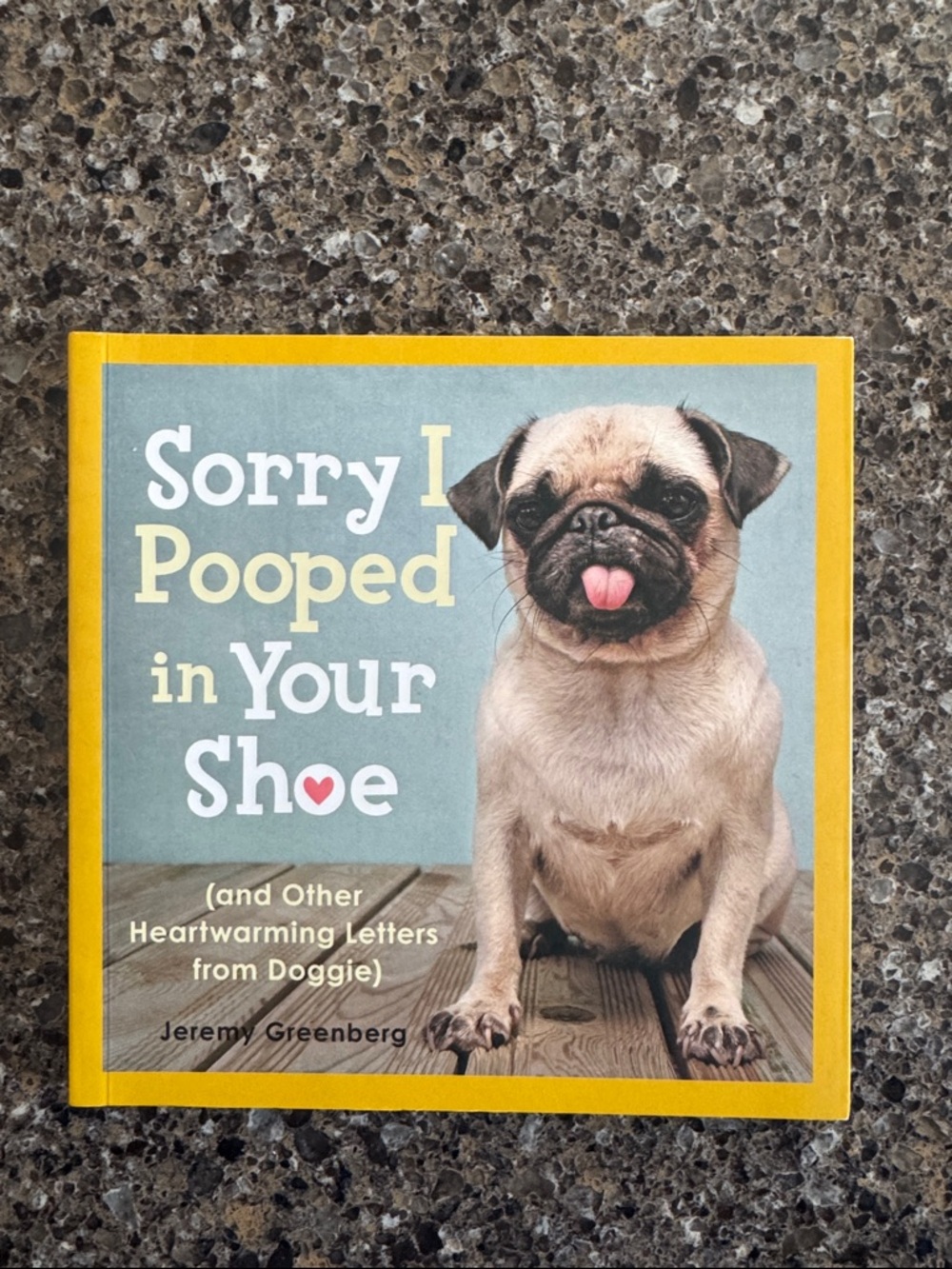 Coffee table book "Sorry I Pooped in Your Shoe" featuring a Tan and Black Pug